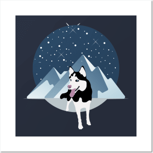 Husky Siberian Dog with Winter Mountain and Sky Posters and Art
